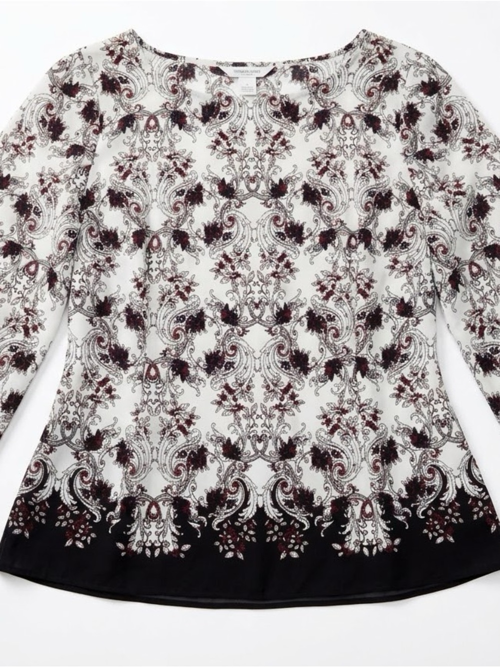 Womens Patterned Scoop Neck Top - White with Black & Burgundy Detail
